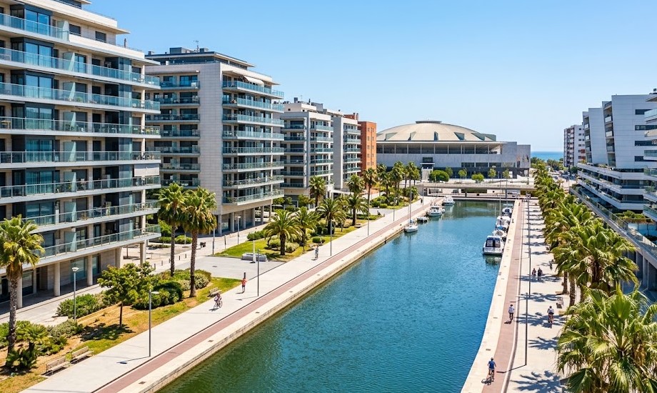 Paisaje moderno del canal del Gorg y el pabellón en Badalona